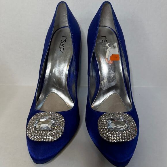 Size 8.5 Blue Satin Rhinestone Something Blue Stiletto Heels Shoes Wedding - Picture 3 of 12